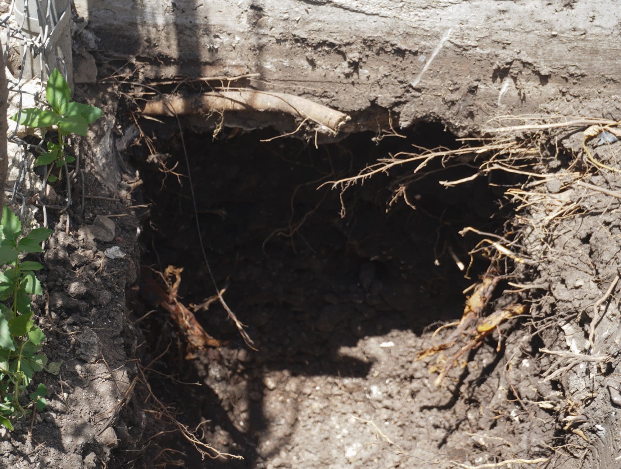 An excavated access hole beneath the edge of a pier and beam foundation