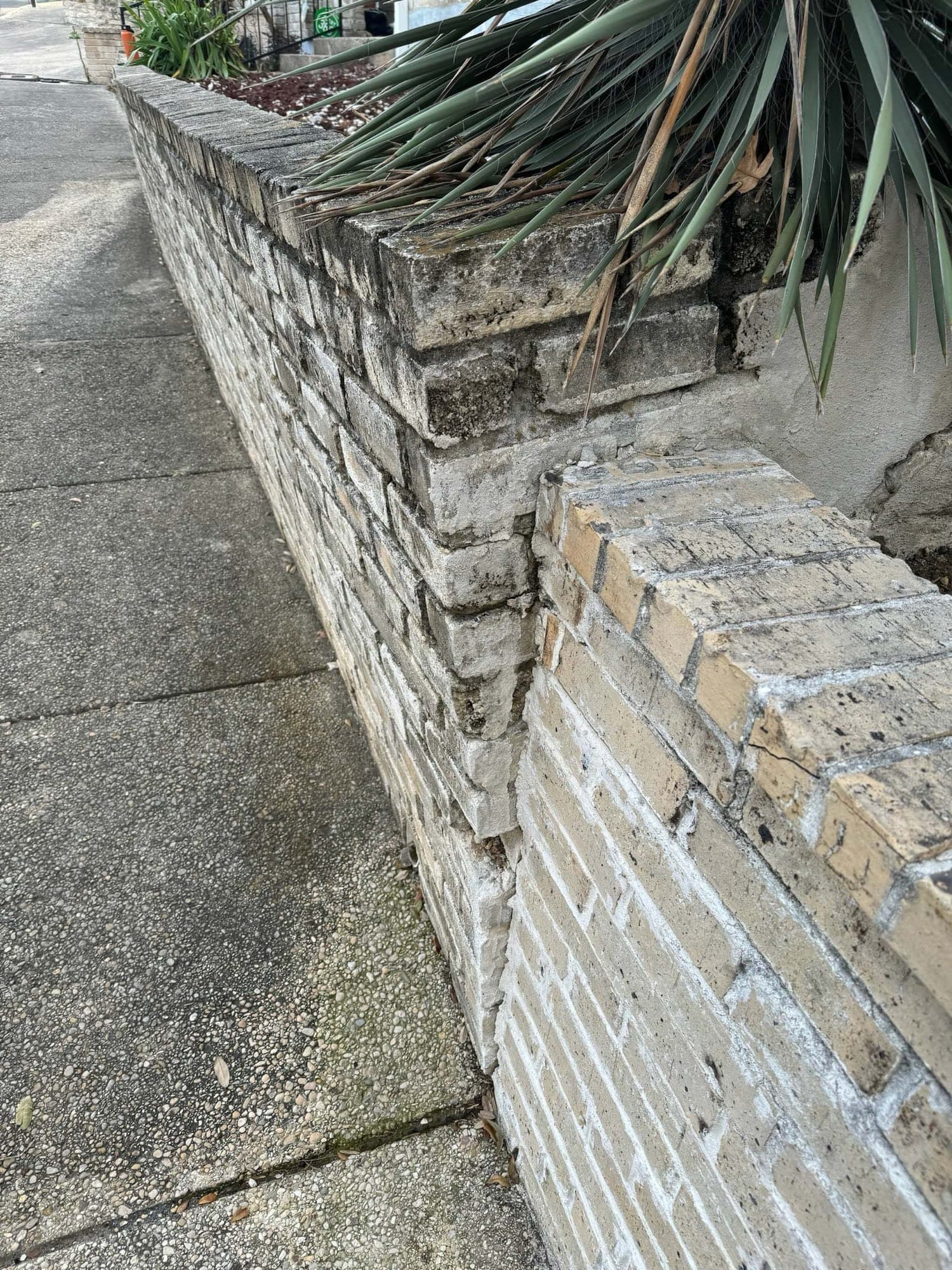 A brick wall and concrete steps separated and shifted by foundation settlement