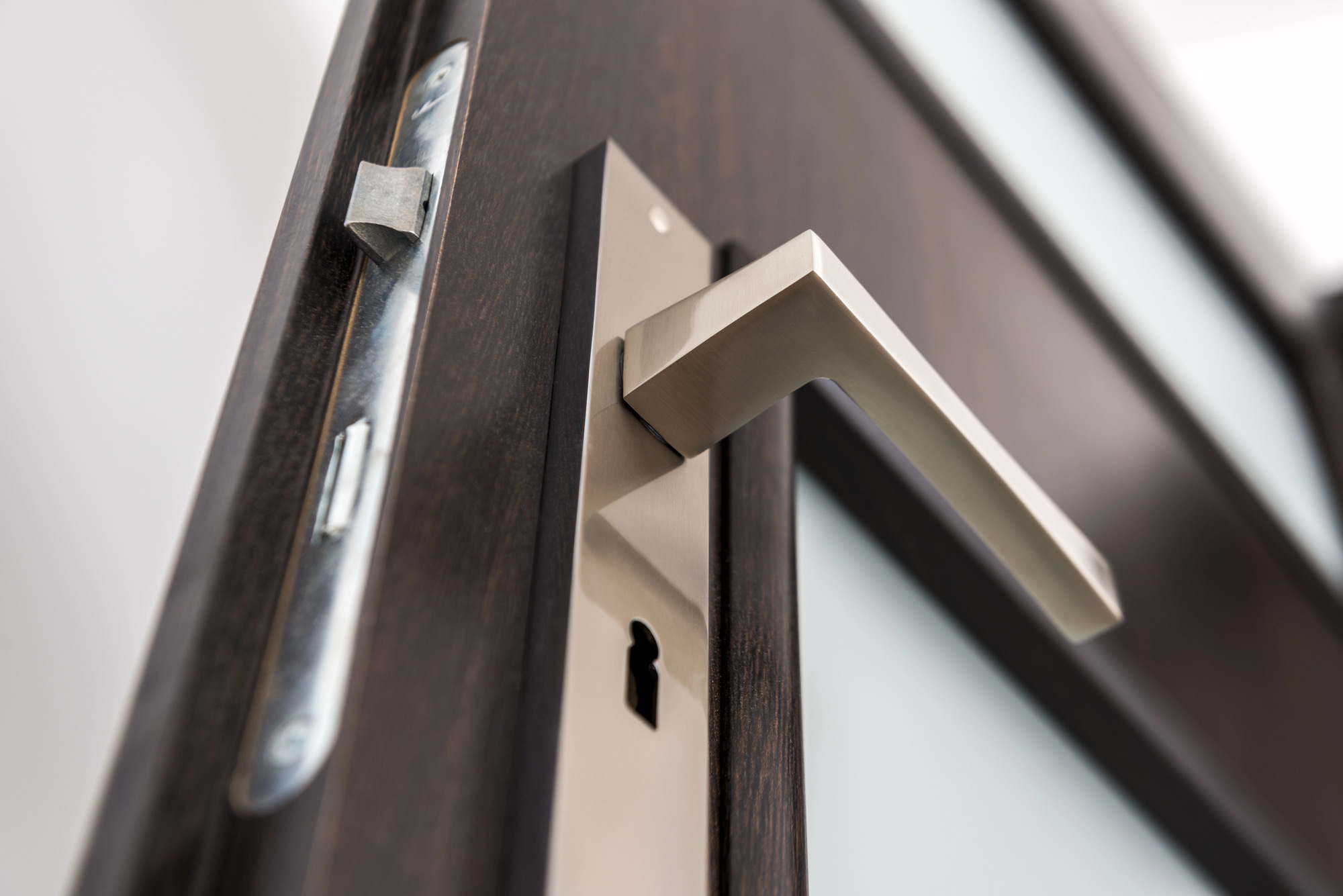 Close-up of an interior door latch and handle on a dark wood door